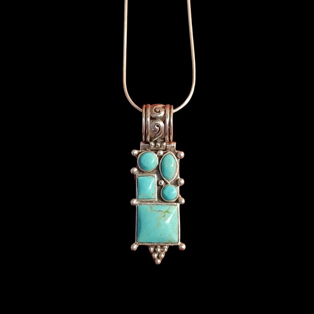 Sterling Silver Turquoise Style Pendant Necklace 23” Snake Chain 925 Italy